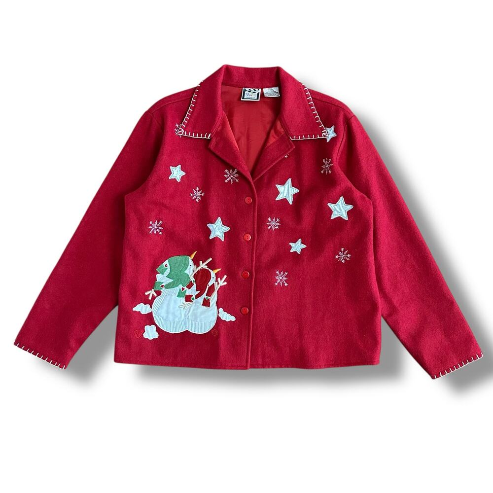 Take Two Red Wool Blend Holiday Jacket Snowman Embroidered Christmas Women’s L